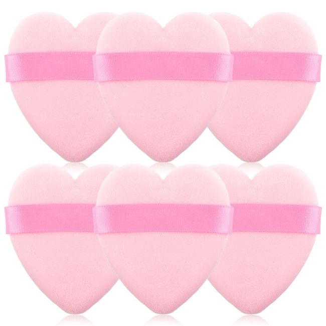 Ouligay 6Pcs Powder Puffs Heart-Shaped Makeup Puff Soft Reusable Velvet Powder Puff Washable Makeup Sponge Puffs with Strap Wet Dry Make Up Puffs For Loose Powder Foundation Pink