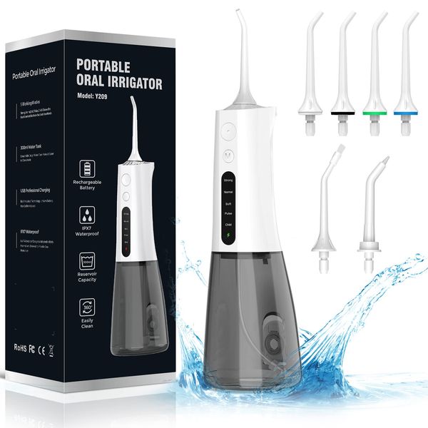 Water Dental Flosser Cordless for Teeth - QFBUDR 5 Modes Dental Oral Irrigator, Portable Rechargeable IPX7 Waterproof Water Teeth Cleaner Picks for Home Travel