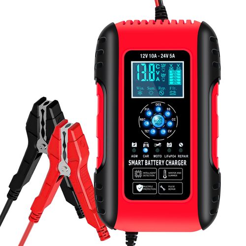 YIFASITE 10A Car Battery Charger, 12V/24V Lifepo4 Smart Fully Automatic Chargers for Car Batteries Car Battery Charger with LCD Screen for Car Truck Motorcycle Lawn Mower Boat