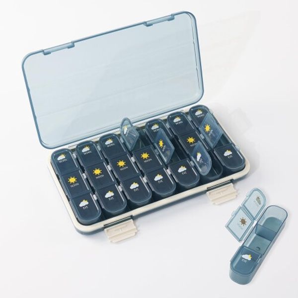 Pill case, 1 week, medicine case, stylish, supplement case, 3 times a day, portable, large capacity, medicine case, habit medicine box, pill case, medicine, prevent forgetting to take, morning, noon and night, 21 grid sealed (3 times a day, blue)