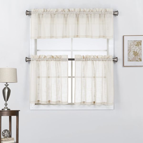 3 Piece Rod Pocket Linen Textured Kitchen Window Tier and Valance Set 24" Long, Beige