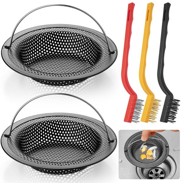 VEPEPE 2 Pcs Kitchen Sink Strainer with 3 Brush,Stainless Steel Sink Sieve Black,Shower Drain Cover Inner Diameter 8cm with Handle,Sink Plug Strainer for Kitchen Food Debris & Bathroom Hair Catcher