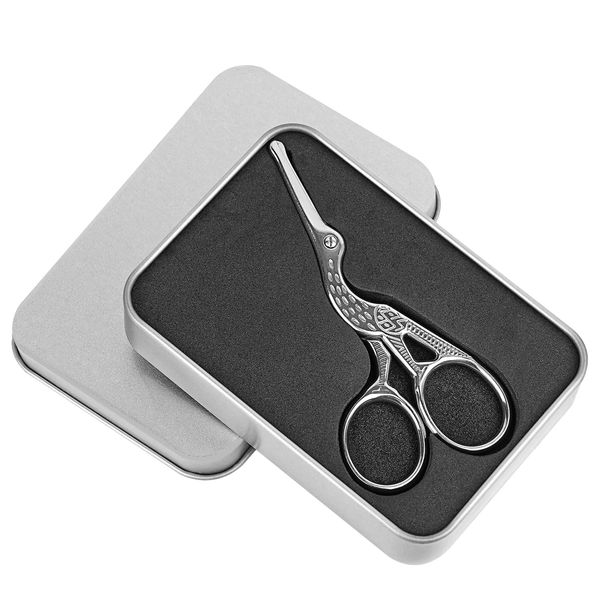 Linkidea Stainless Steel Nose Hair Scissors with Storage Box, Crane-Shaped Delicate Grooming Small Scissors, Facial Hair Trimmer Kit Suitable for Trimming Nose Hair & Eyebrows and Beards (Sliver)