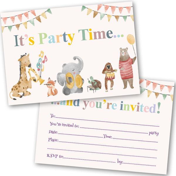 Absolutely Yours Kids Party Invitation Pack of 24. Musical Animal Themed party invites with matching envelopes. 120 x 172mm, suitable for boys and girls. Designed and Printed in UK.