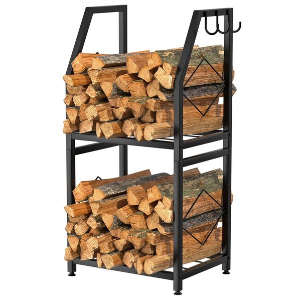 Firewood Rack for Indoor 2-Tier Firewood Holder with 3 Hanging Hooks Heavy Du...