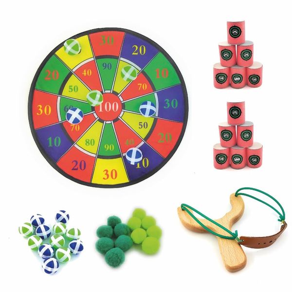 Sticky Ball Dart Board Gaming Set, Wooden Slingshot, 12 Sticky Balls, 12 Pompom Balls, 2 Sets of Foam Cans, Stress Relief Fun, and Great for Gift and Party. Ages 15+