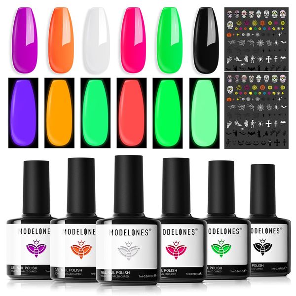 Modelones Smalti Semipermanenti Unghie, 6 Colori Halloween Verde Arancione Rosa Viola Bianco Nero, Smalto Gel Unghie UV Gel French Manicure, 7ml