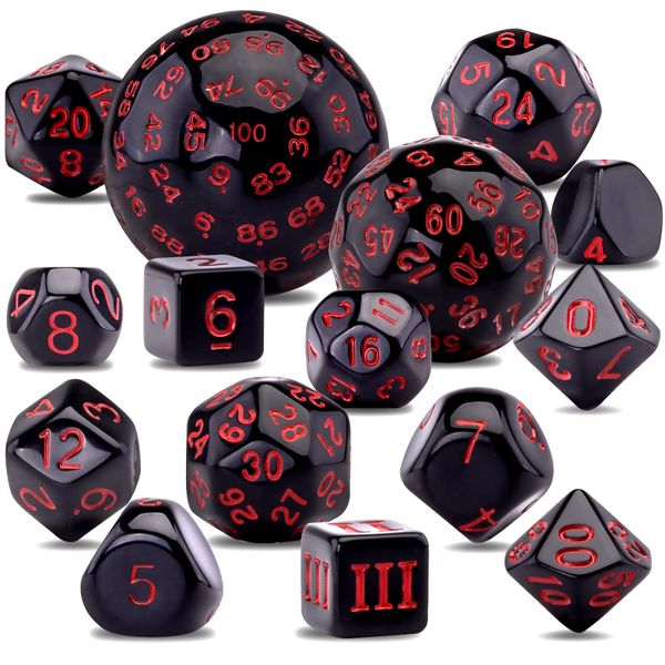 SIQUK 15 Pieces Complete Polyhedral Dice Set D3-D100 Game Dice Set with a Leather Drawstring Storage Bag for Role Playing Table Games, Black and Red