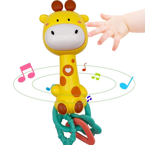 BIBEBRE Musical Rabbit Light-Up Toy and Teething Ring for Toddlers Sensory Chew and Fine Motor Skills Toy Baby Rattle and Teething Toys for 6 12 18 Month Babies (Giraffe)