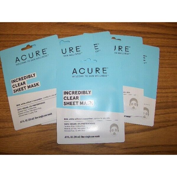 6-Acure Incredibly Clear Sheet Mask White Willow & Cucumber  Vegan  .67 fl oz ea