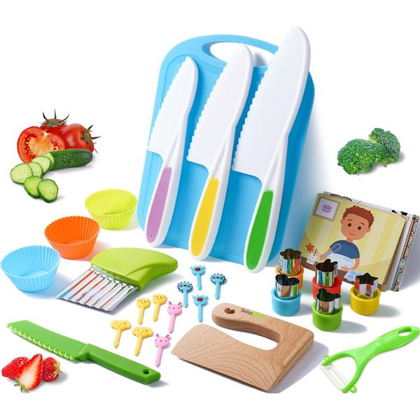 Kids Safe Knife Set for Toddlers Real Cooking - Toddler Knives Sets Kitchen Tools with Gloves Cutting Board Fruit Vegetable Crinkle Cutters