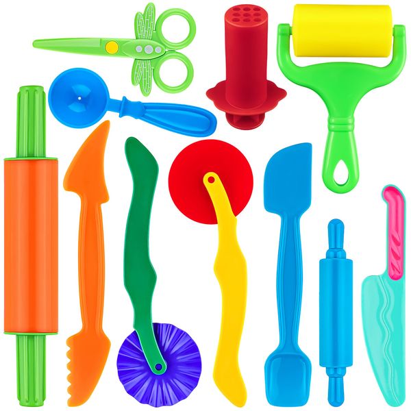 Oun Nana Playdough Tools 11 PCS Basic Playdough Starter Set for Kids, Playdough Accessories with Pizza Cutter, Safety Scissors, Rolling Pin, Roller, Dough Extruder, Spoon, Carving Tools, Plastic Knife