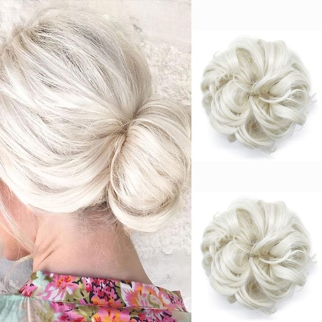 JJstar 2PCS Messy Bun Hair Piece Curly Fake Hair Buns Donut Tousled Updo High Heat Resistant Synthetic Fiber Hair Scrunchies Pieces for Women Girls Ponytail Extension(Platinum Blonde)