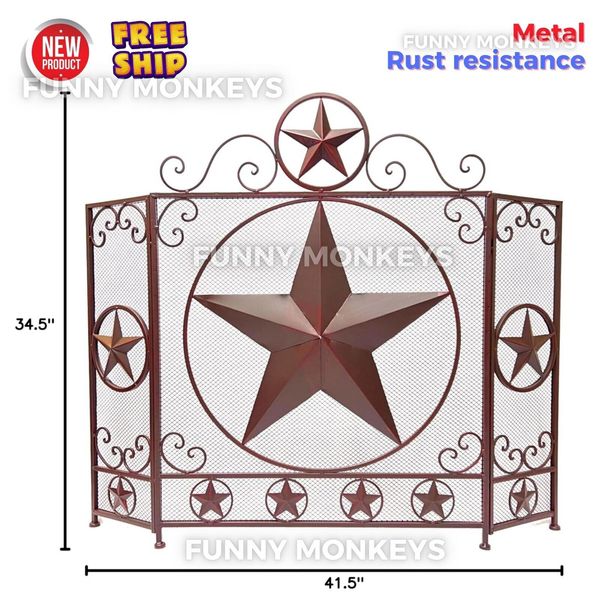 3-Panel Fireplace Screen Spark Guard Mesh w/ Rustic Brown Star Living Room Decor