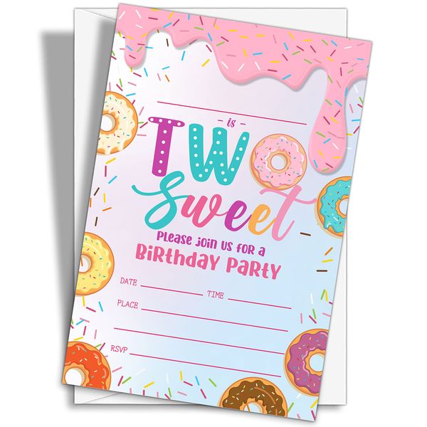 YQV Donut Sweet Two Birthday Party Invitations, 20-Count Donut 2nd Birthday Party Invites With Envelopes-HBYQK-B47