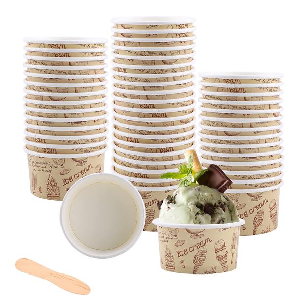 Paper Baking Cups,50pcs Reusable Paper Ice Cream Cups Pink Round Cupcake Cases Ice Cream Tubs Ice Cream Bowls Dessert Tub with Spoons for Ice Cream, Soup, Frozen Yogurt Cake Party Supplies (Khaki)