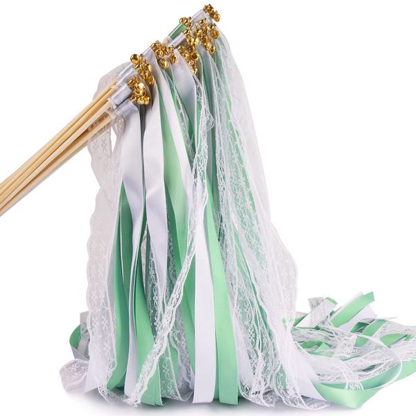 30 Stück Wedding Wands Hochzeit mit Glocken Zauberstäbe Hochzeit Glücksstäbe mit Schleifen Luftschlangen mit Holzstäbchen Grün Weiß Deko für Hochzeit Spalier Weihnachten Party (Grün)