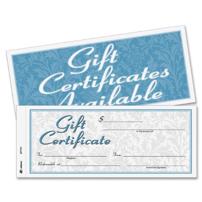 Adams Gift Certificate Book, Carbonless, Single Paper, 3.4 x 8 Inches, White/Canary, 2-Part, 25 Numbered Certificates Plus Store Sign (GFTC1)