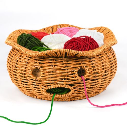 Rattan Yarn Bowl, Handmade Crochet Yarn Bowl with 6 Holes Knitting Bowl to Prevent Yarn Slipping Crochet Gifts for Crocheters Multi-purpose Storage Basket 9.44″ x 4.33″