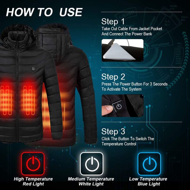 Heated jacket, heated vest, smart USB charging hooded cotton jacket, outdoor camping and hiking heated jacket