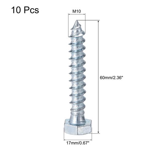 sourcing map Hex Lag Screws, M10 x 60mm Carbon Steel Zinc Plated Full Thread Self-Tapping Bolts for Wood Screw 10Pcs