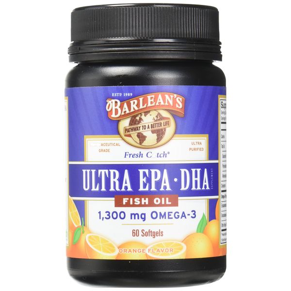 Barlean's Fresh Catch Ultra EPA-DHA Fish Oil with 1,300 mg Omega-3 and Orange Flavor - Pharmaceutical Grade, Non-GMO, Gluten-Free - 60 Softgels