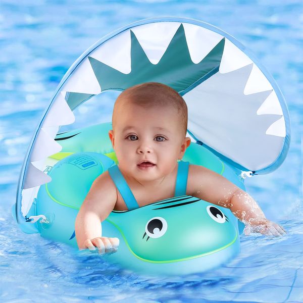 NYOBABE Baby Swimming Float for 6-36 Months,Inflatable Baby Pool Float UPF50+ Sun Canopy&Anti-Flip Tail,Baby Swimming Ring for 6 9 12 18 24 36M,Adjustable Baby Neck Float Ring,Baby Bath Seat (L)