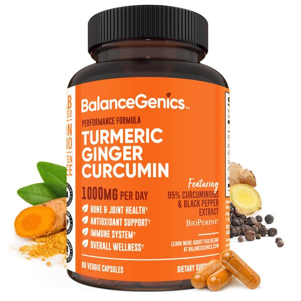 BalanceGenics Turmeric Curcumin Supplement with Black Pepper & Ginger Root 1000mg | Max Strength 95% Curcuminoids Curcuma | Joint Support & Healthy Inflammatory Response | 60 Capsules Powder Filled