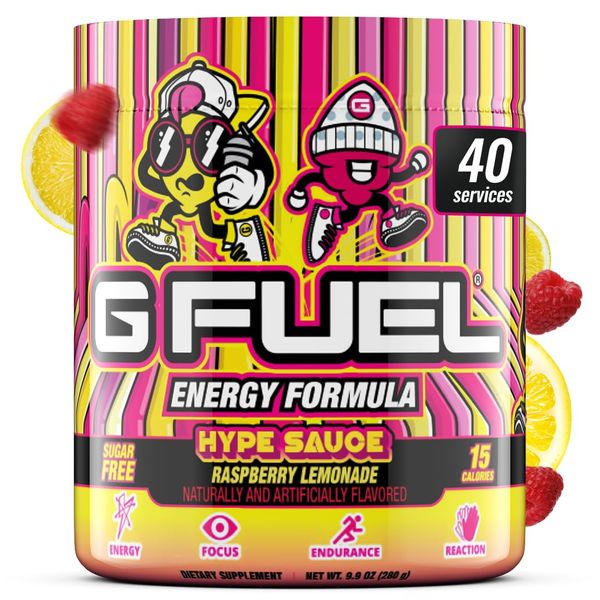 G Fuel Hype Sauce Energy Powder, Sugar Free, Clean Caffeine Focus Supplement, Water Mix, Raspberry Lemonade Flavor, Focus Amino, Vitamin + Antioxidants Blend, 9.8 oz (40 Servings)