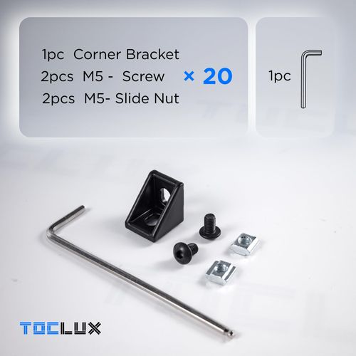 20 Sets Black 2020 Corner Bracket Kit for 2020 & 2040 Aluminum Extrusion Rail - Brackets, M5 Sliding T-Nuts & Hex Screws, Ball-End Hex Wrench – for 20 Series 6mm T Slot Extruded Aluminum Hardware