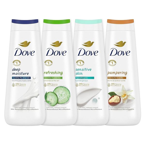 Dove Body Wash 4 Pack, Deep Moisture, Sensitive Skin, Refreshing, Pampering 20oz
