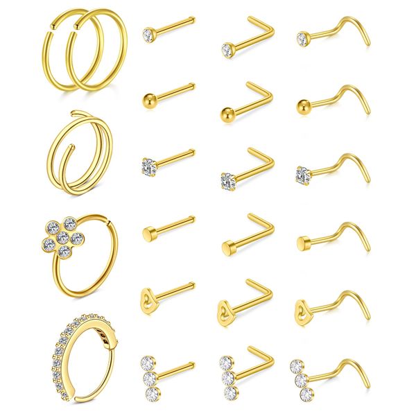 VCMART 23PCS Gold Nose Rings for Women 20G Nose Piercing Jewelry L Shape Nose Studs Nose Rings Hoops Nose Jewelry Surgical Stainless Steel Nose Rings Studs Screw Body Piercing Jewelry for Women Men