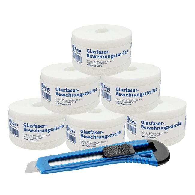 Rigips® Glasfaser Fugendeckstreifen [ 6 Rollen 50mm x 25m ] Rigipsplatten Fugenband | Bewehrungsstreifen Gipskartonplatten im Trockenbau | inkl. Cuttermesser