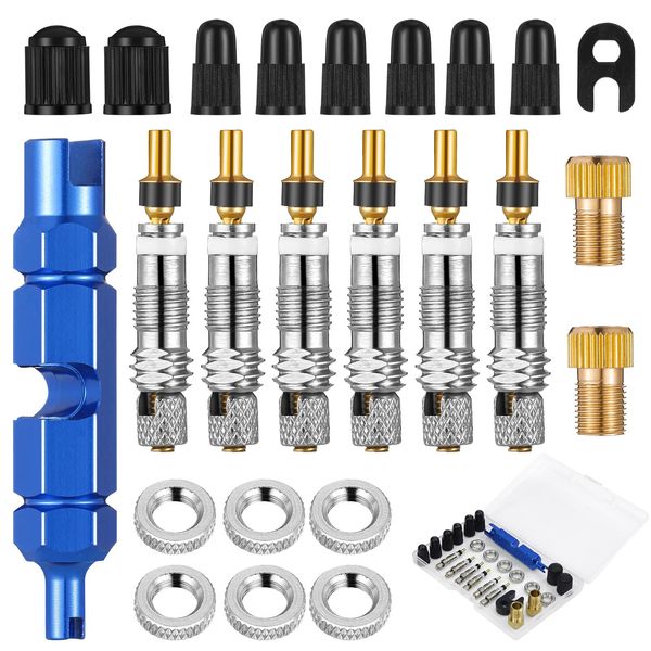 24 Stück Französisches Ventil,Fahrrad Presta Ventil mit Ventilkappen,Französisches Ventil Adapter, Ventilschlüssel für Fahrräder,Mountainbikes Austausch des Ventilkerns