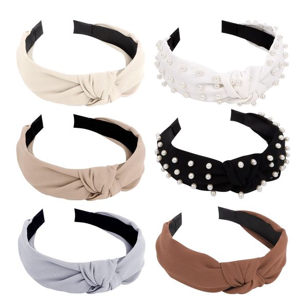 YISSION 6PCS Knotted Headbands for Women Girls Non Slip Pearl Headband Top Knot Headband for Women Black White Brown Head Band Hair Accessories for Women