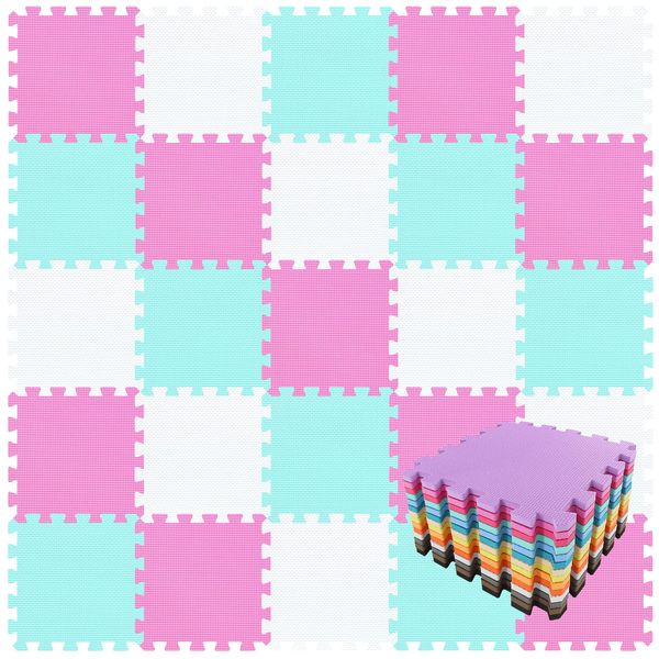 qqpp® 18 Puzzle Eva Schaumstoff Puzzlematte Puzzleteppich Kinder - Krabbelmatte Spielmatte Baby Schadstofffrei Sport rutschfest Bodenschutzmatte Fitness Matte. Weiß, Pink, Grün. QQC-ACHb18N