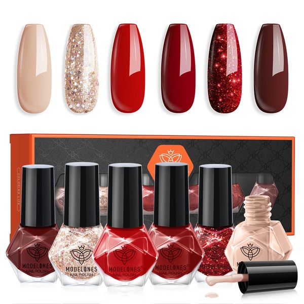 Modelones Nail Polish Set 6 Colors Nude Gold Red Nail Polish Quick Dry Nail Varnish Finger Burgundy Red Glitter Nail Polish Manicure DIY Nail Art Salon Home For Women