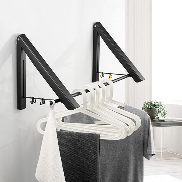 powerday Wall Mounted Folding Hanger Rack Wall Hanger Coat Rack Towel Rack Wall Mounted Rack Suitable for Bedroom/Bathroom/Entryway/Veranda (2 Racks + Rods, Black)