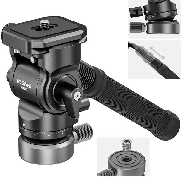 NEEWER Tripod Fluid Head with +/-10° Leveling Base(37mm Dia.), Metal Pan Tilt Head with Arca Type QR Plate, Telescopic Handle for Compact Video Camera DSLR Camera, Max Load 8.8lb/4kg, GM27