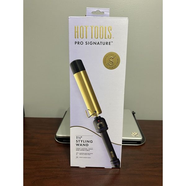 HOT TOOLS Pro Signature Flipperless Gold Curling Wand, 1-1/2", Black/Gold 1.5