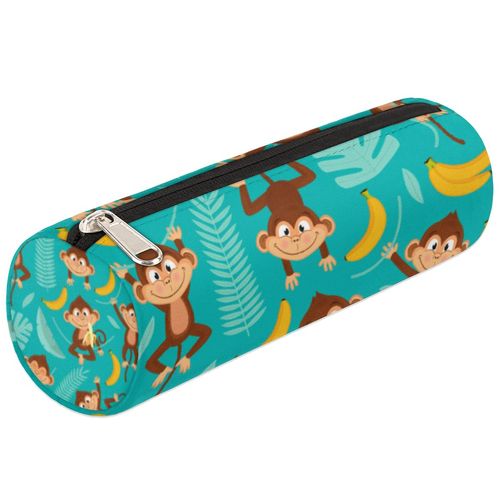 Cute Monkey Canvas Pencil Case Bag, Monkey Banana Cylinder Zippe Pencil Case Storage Pouch Simple Stationery Bag for Middle High School Office College Student