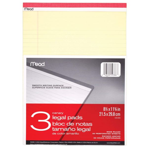 Mead Legal Pad Writing Pads, 3 Pack, Wide Ruled Paper, 8-1/2" x 11-3/4", 50 Sheets, Great for Use as Home Office Supplies, Memo Pads, Note Pads, or Steno Pads, Letter Writing, Canary Yellow (59386)