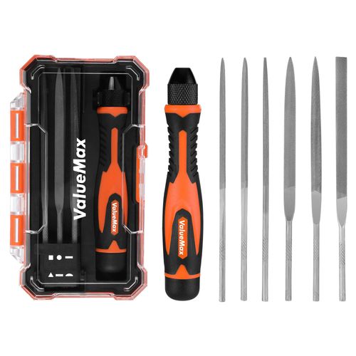 ValueMax Needle File Set, Interchangeable Mini Wood Metal File Set, 6PCs Files with Handle, Flat, Round, Square & Triangle for Precision Crafts, Metal & Wood Work