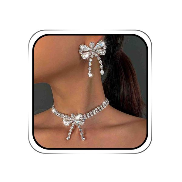 EARENT Rhinestone Bow Jewelry Set Silver Sparkly Crystal Pendant Necklace Dangle Earrings Prom Sets for Women(Set of 2)