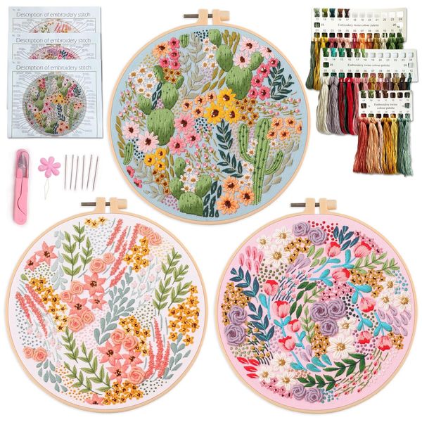 Myfelicity Embroidery kit, 3 Hand Embroidery kit,with Flowers and Plants Patterns,Needles.Colors Threads.1 Hoop