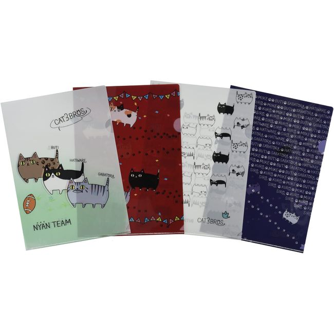 Ceramic Indigo A4 Clear File, Set of 4 Patterns, 3 Cat Brothers, Enjoy Size: Approx. W22, D31, 23089