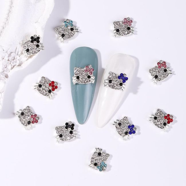 70PCS Alloy Kitty Nail Charms Jewelry Kit Kawaii Metal Nail Crystal Rhinestones Accessories Cartoon Nail Beads Glitter Rhinestones