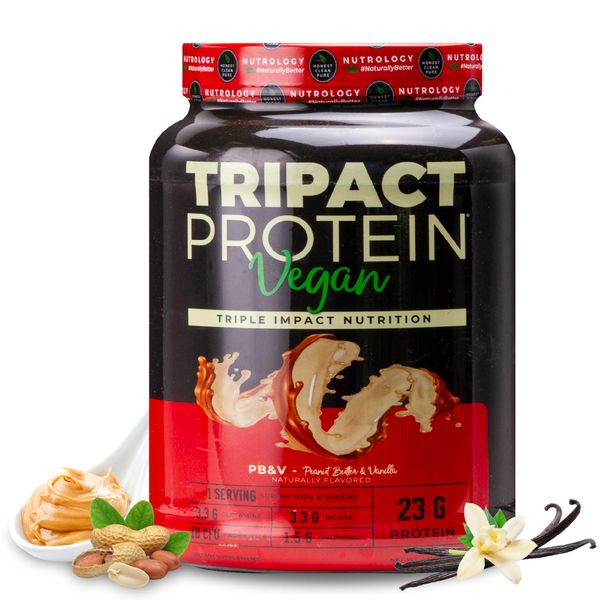 Nutrology TRIPACT Vegan Protein Powder, for Vegan Protein Shakes or Meal Replacement with Organic Pea Protein Powder, Pumpkin Protein, BCAAs & Glutamine, Non-GMO, Peanut Butter Vanilla, 20 Servings