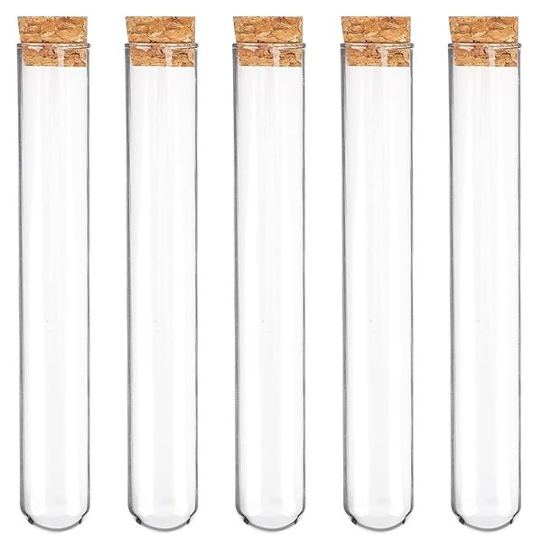 Test Tube PS Plastic (Set of 5) Round Base with Cork Stopper Storage Container for Scientific Experiment Sample Display Decoration, Experiment, Inspection, Free Research, Sample Storage, Multi-Purpose