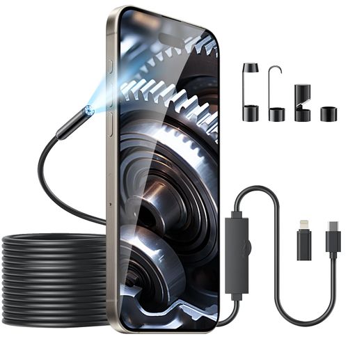 Endoscope Camera with Light for iPhone Android – 1920P Snake Borescope with 8 LED, IP67 Waterproof Inspection Tool for Drain Pipe Engine Plumbing (16.4FT Semi-Rigid Cable)